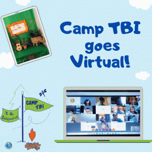 Camp TBI goes Virtual image with a laptop screen of a online meeting next to the Camp logo with a tablet image of camp supplied in the top right.